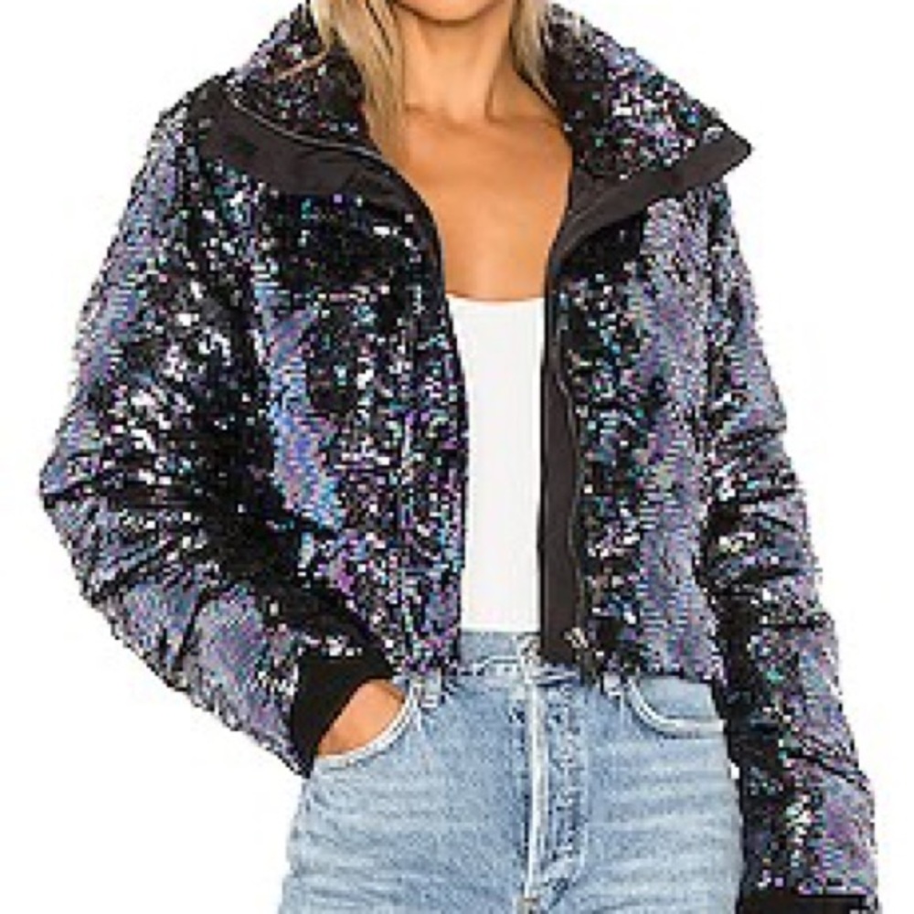 Revolve Sequin Cropped Puffer in Black Oil Slick - brand: jocelyn